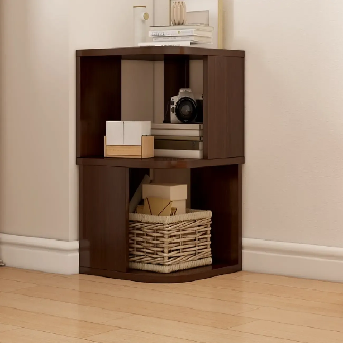Wooden Fan-Shaped Shelves Standing Corner Shelf Image - 3