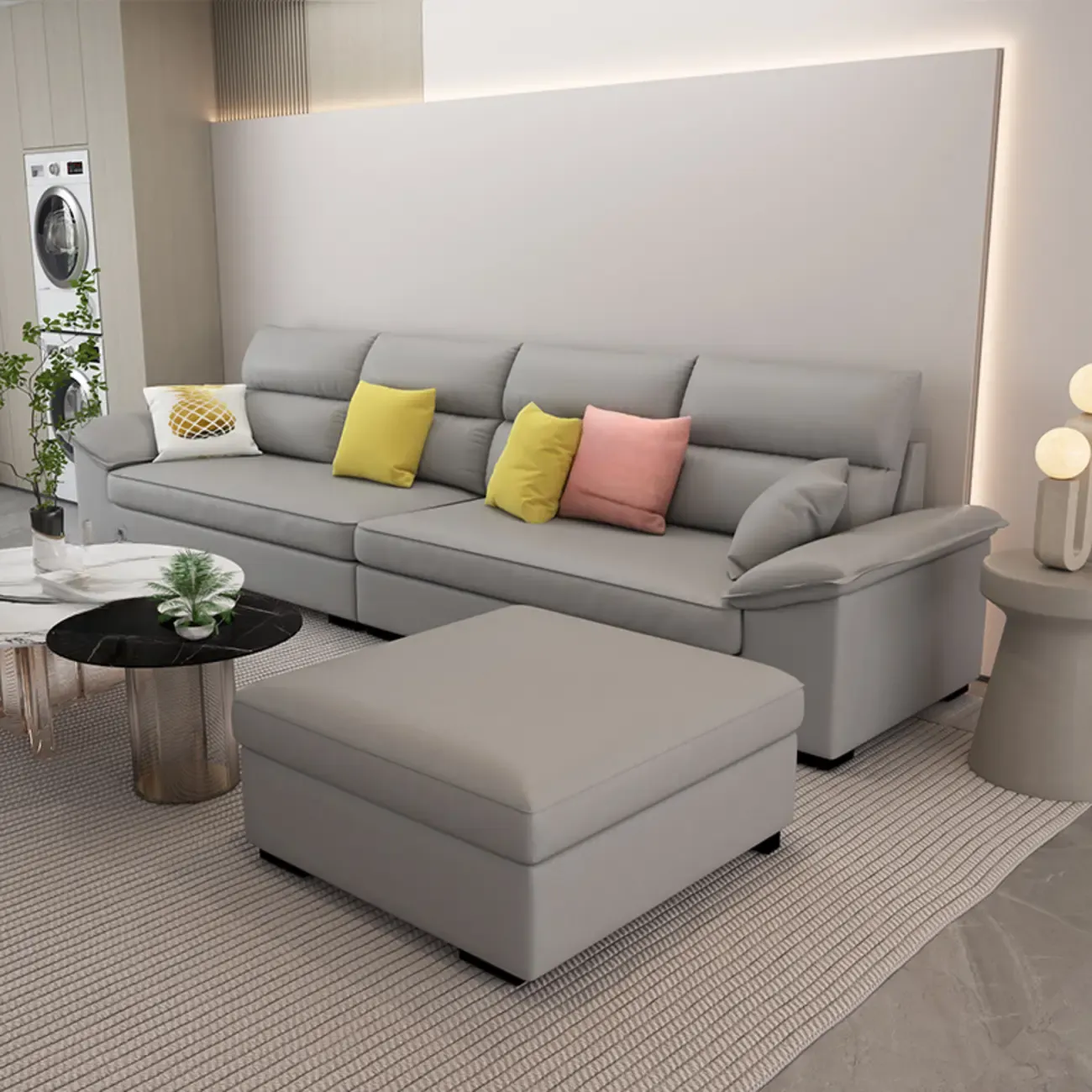 Off-White Upholstered Parlor Sofa Couch with an Ottoman and Concealed Support Image - 5