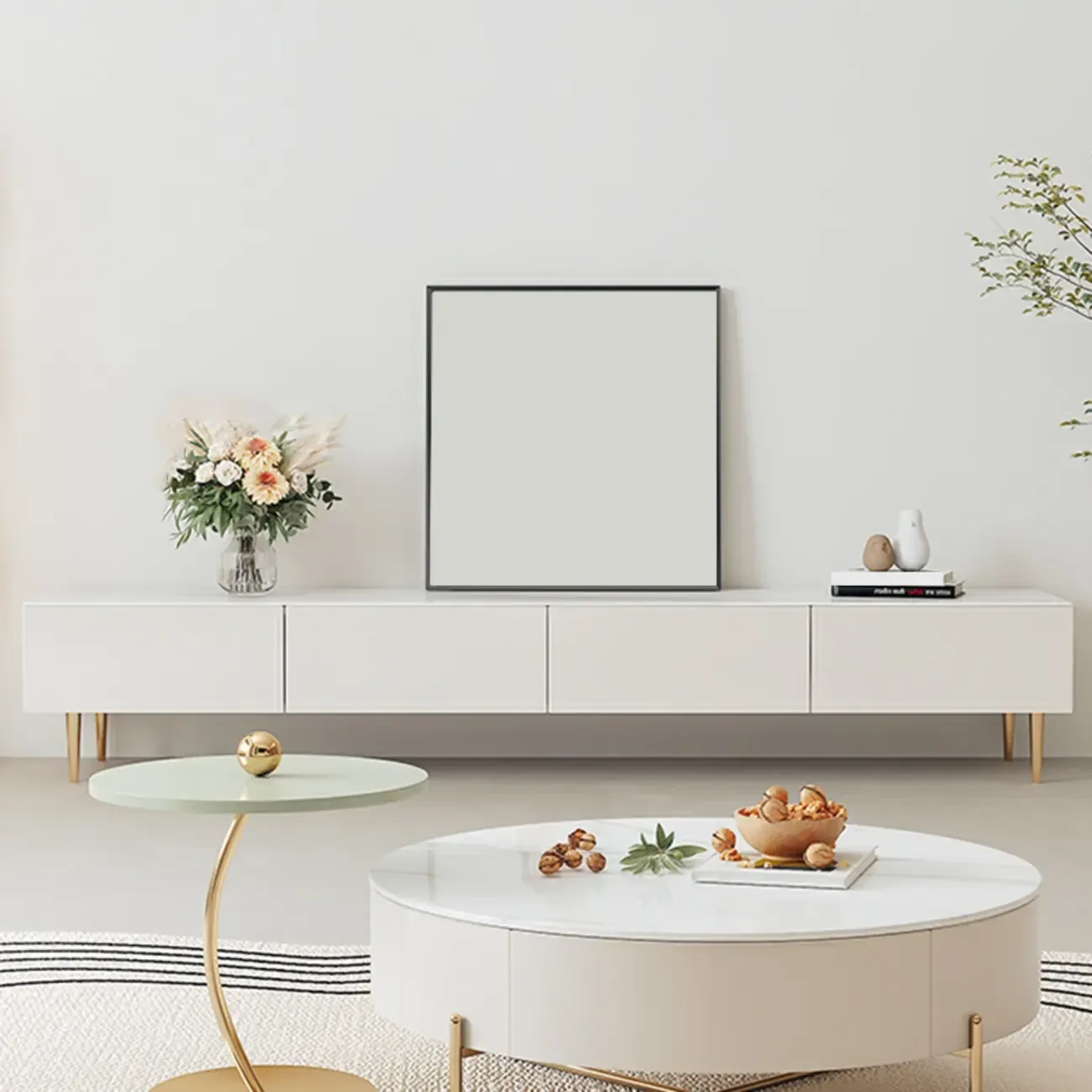 Elegant Stone TV Stand with Cable Management & Drawers Image - 12