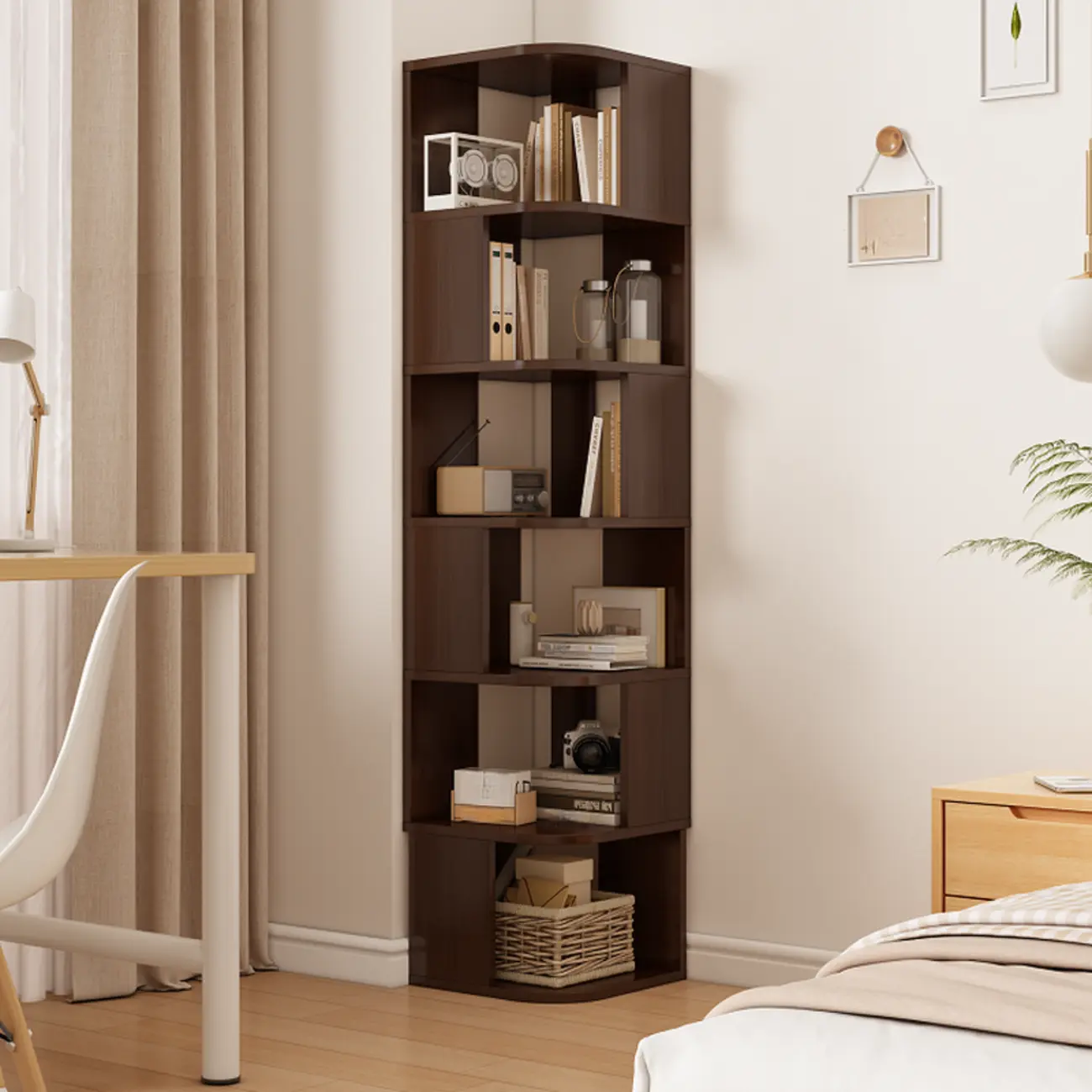 Wooden Fan-Shaped Shelves Standing Corner Shelf Image - 4 | homeyfad