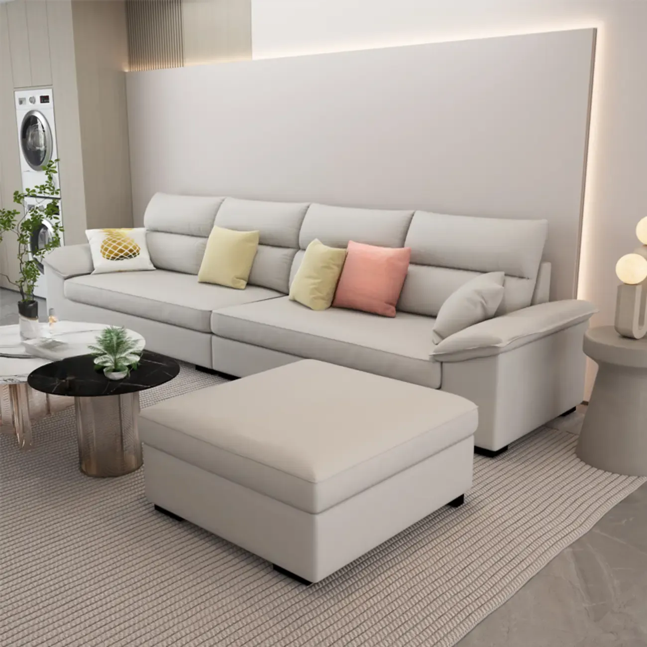 Off-White Upholstered Parlor Sofa Couch with an Ottoman and Concealed Support Image - 6