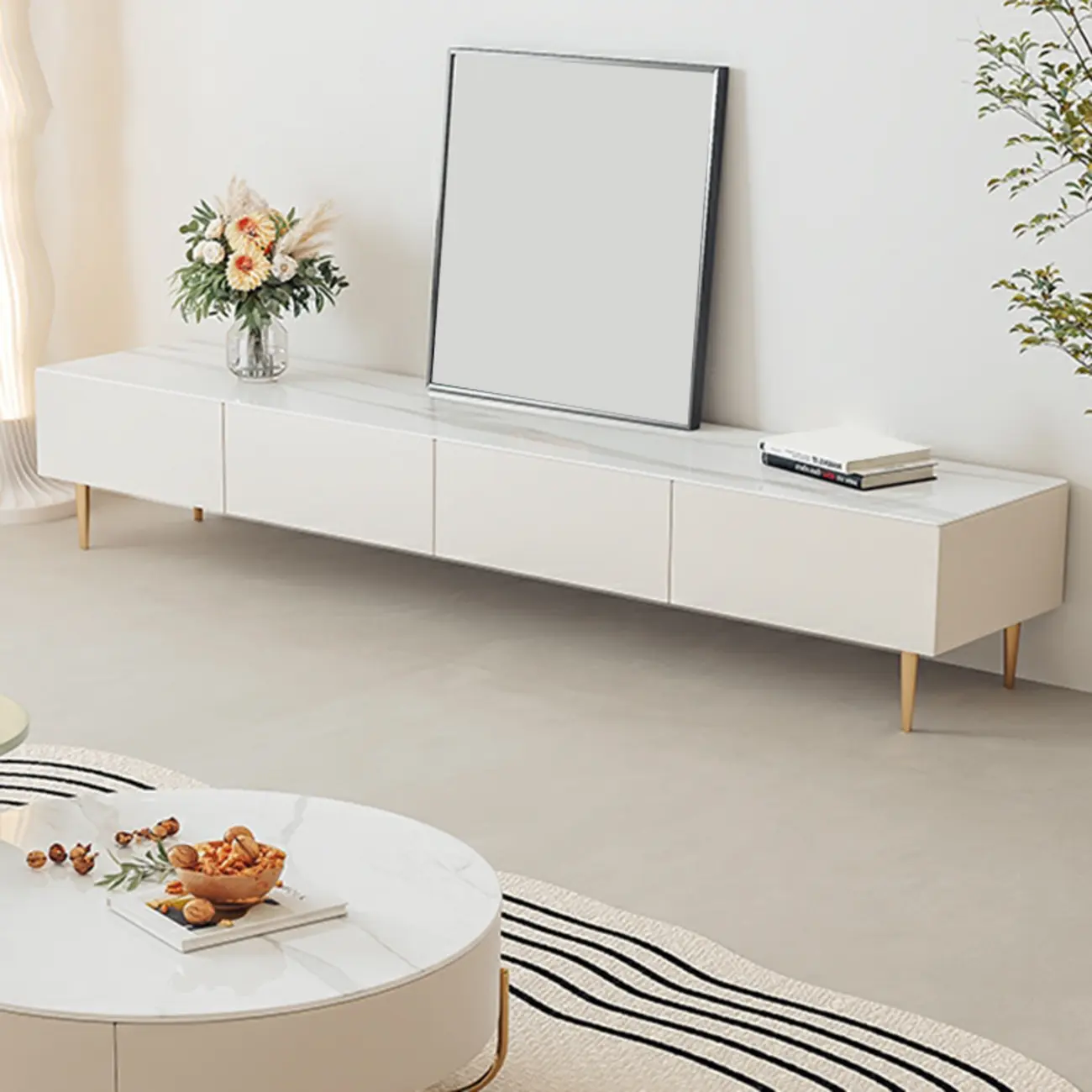 Elegant Stone TV Stand with Cable Management & Drawers Image - 13 | homeyfad