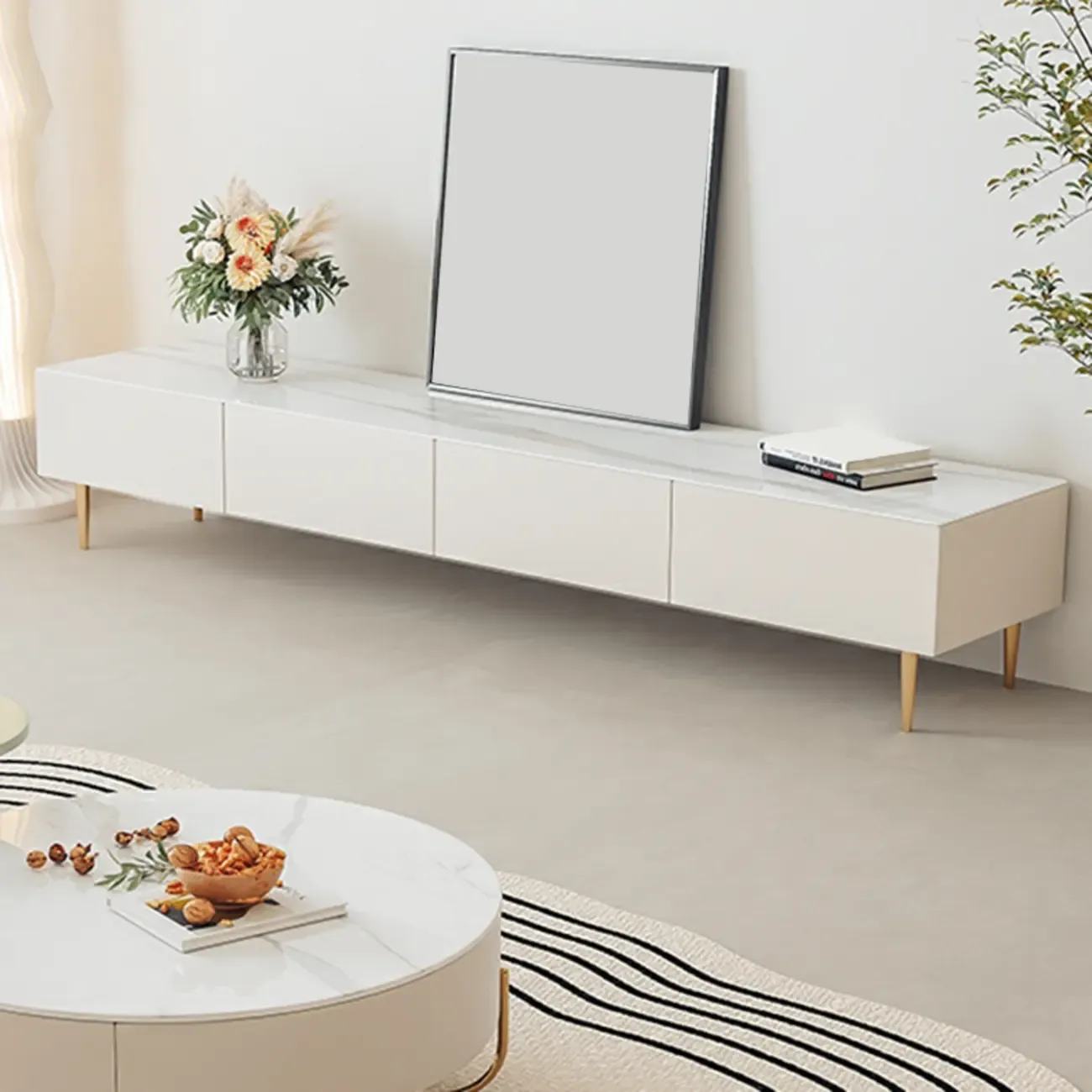 Elegant Stone TV Stand with Cable Management & Drawers Image - 13