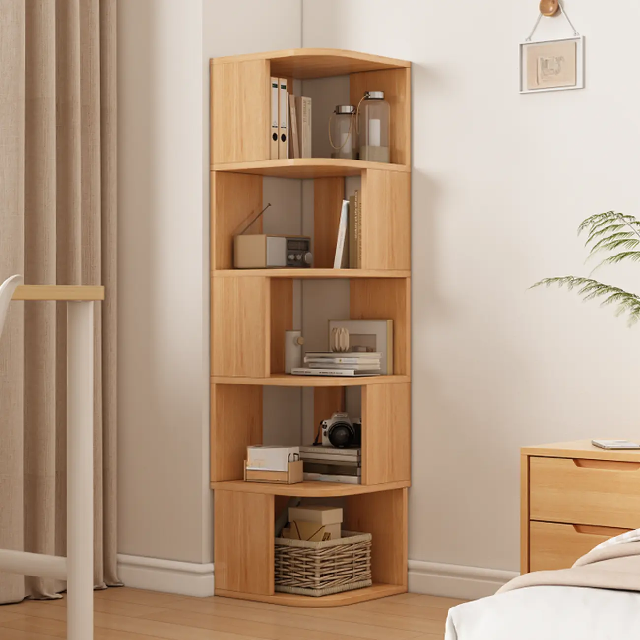 Wooden Fan-Shaped Shelves Standing Corner Shelf Image - 5 | homeyfad