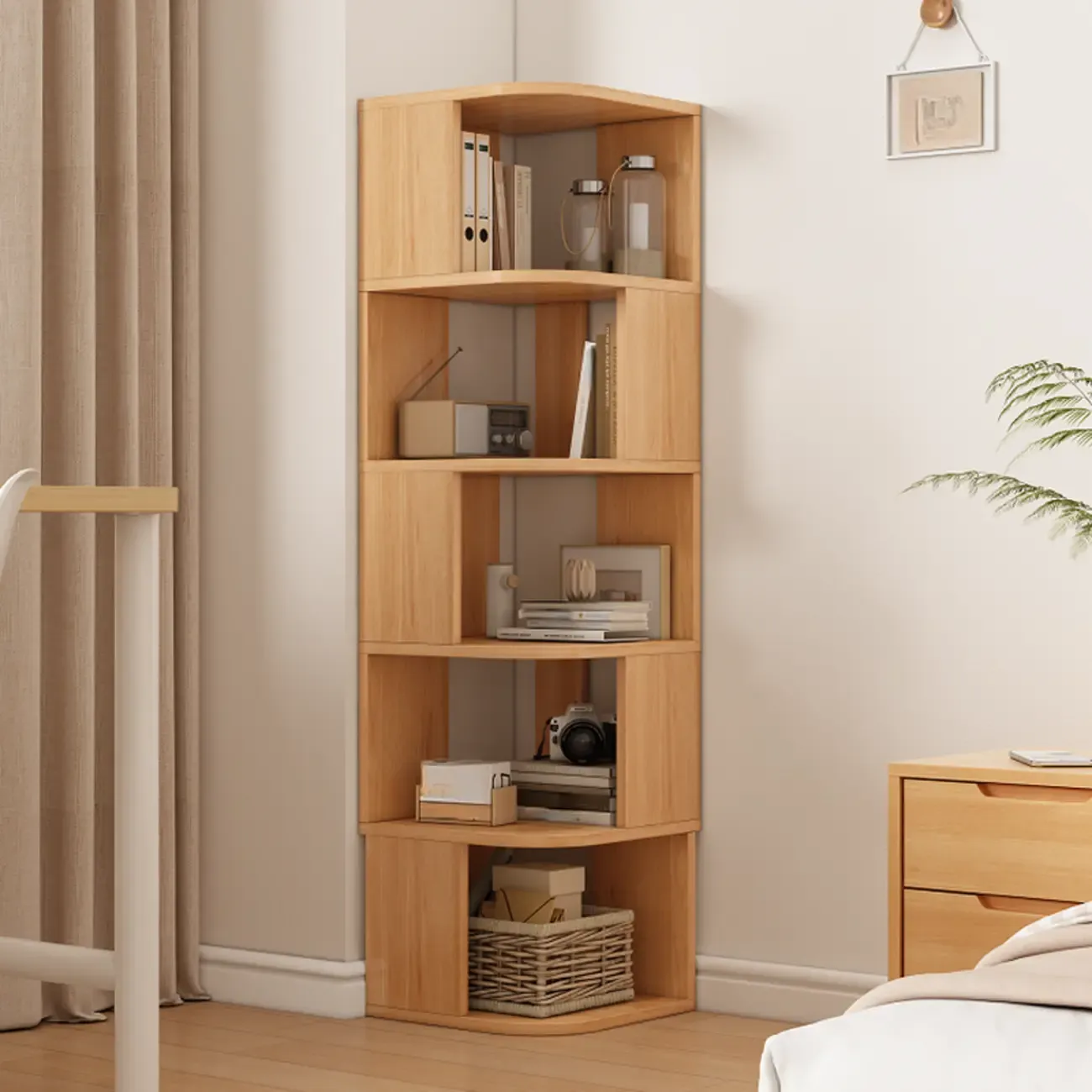 Wooden Fan-Shaped Shelves Standing Corner Shelf Image - 5