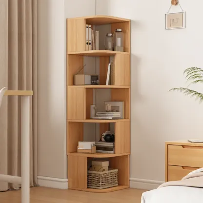 Wooden Fan-Shaped Shelves Standing Corner Shelf Image - 5