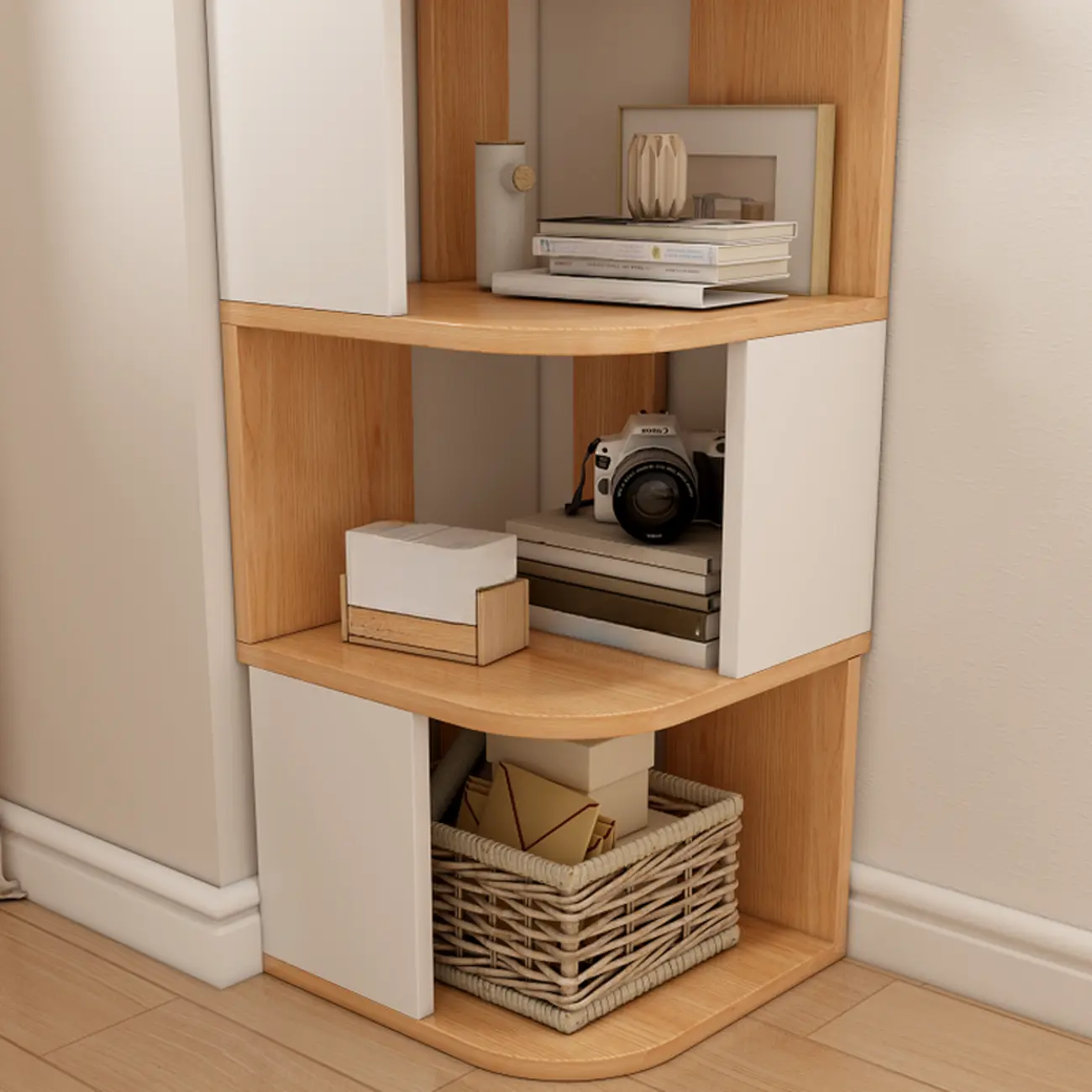Wooden Fan-Shaped Shelves Standing Corner Shelf Image - 7 | homeyfad