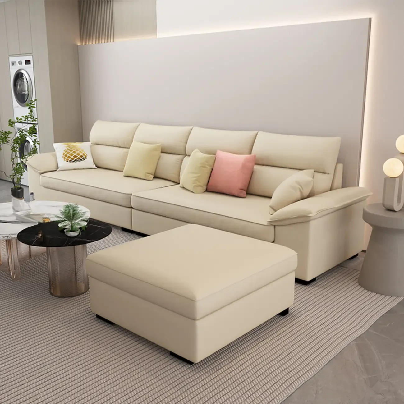 Off-White Upholstered Parlor Sofa Couch with an Ottoman and Concealed Support Image - 9