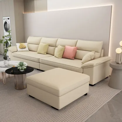 Off-White Upholstered Parlor Sofa Couch with an Ottoman and Concealed Support Image - 9