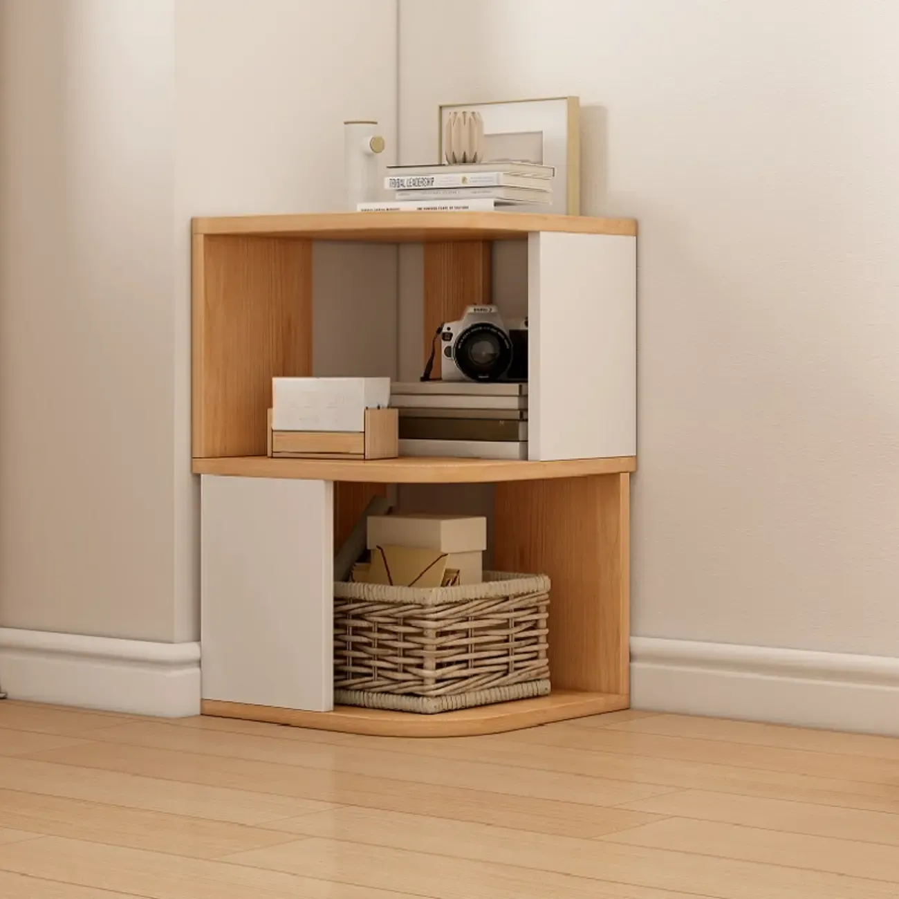 Wooden Fan-Shaped Shelves Standing Corner Shelf Image - 8