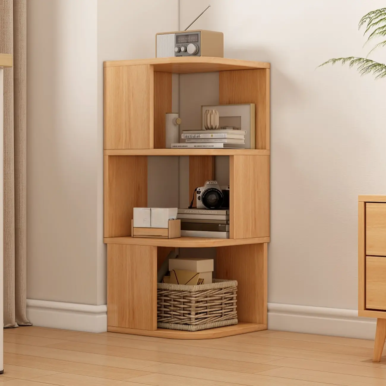 Wooden Fan-Shaped Shelves Standing Corner Shelf Image - 9 | homeyfad