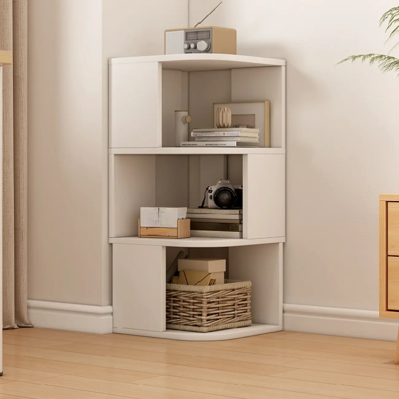 Wooden Fan-Shaped Shelves Standing Corner Shelf Image - 12 | homeyfad