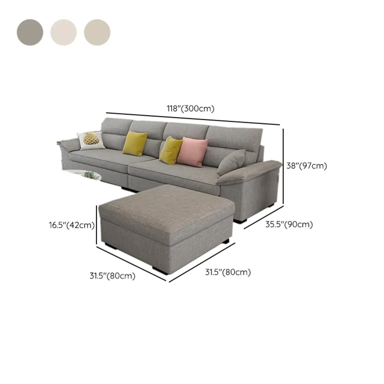 Off-White Upholstered Parlor Sofa Couch with an Ottoman and Concealed Support #size