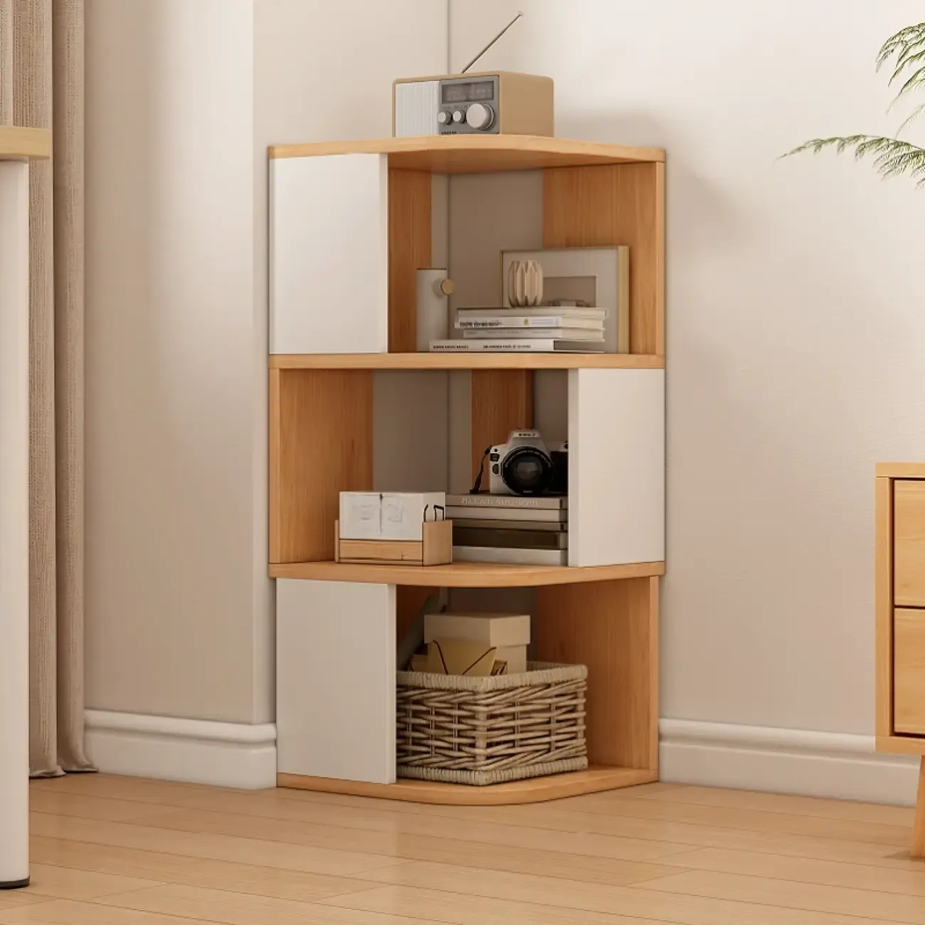 Wooden Fan-Shaped Shelves Standing Corner Shelf Image - 13