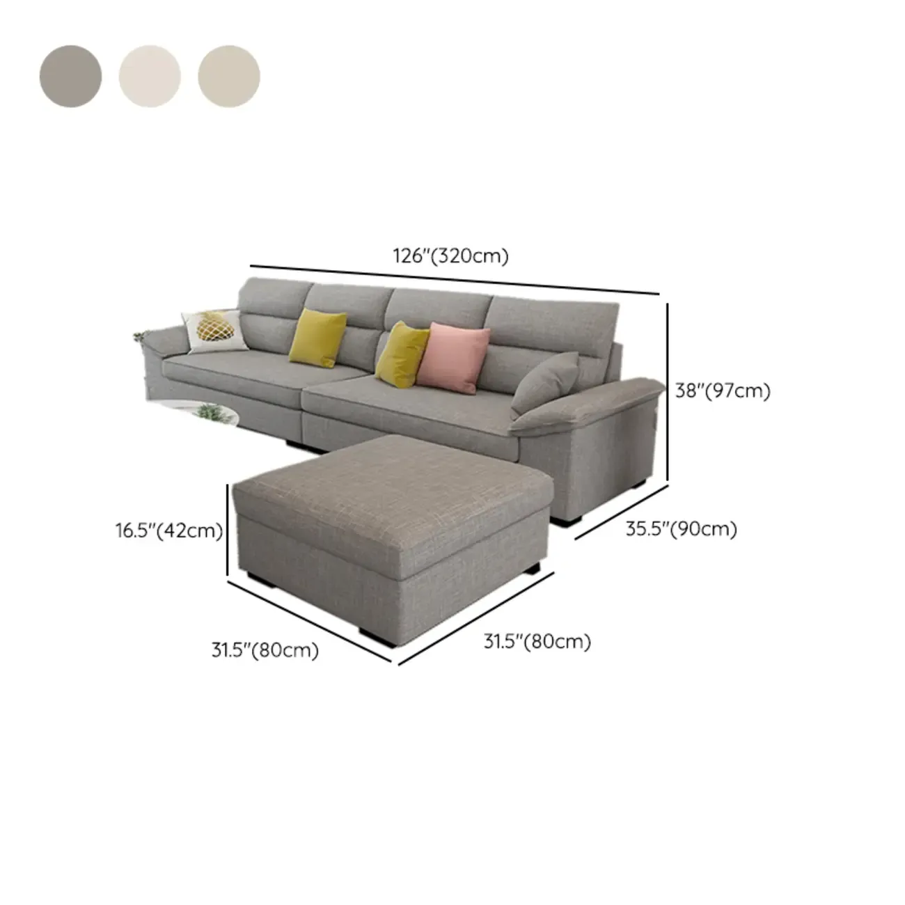 Off-White Upholstered Parlor Sofa Couch with an Ottoman and Concealed Support Image - 14