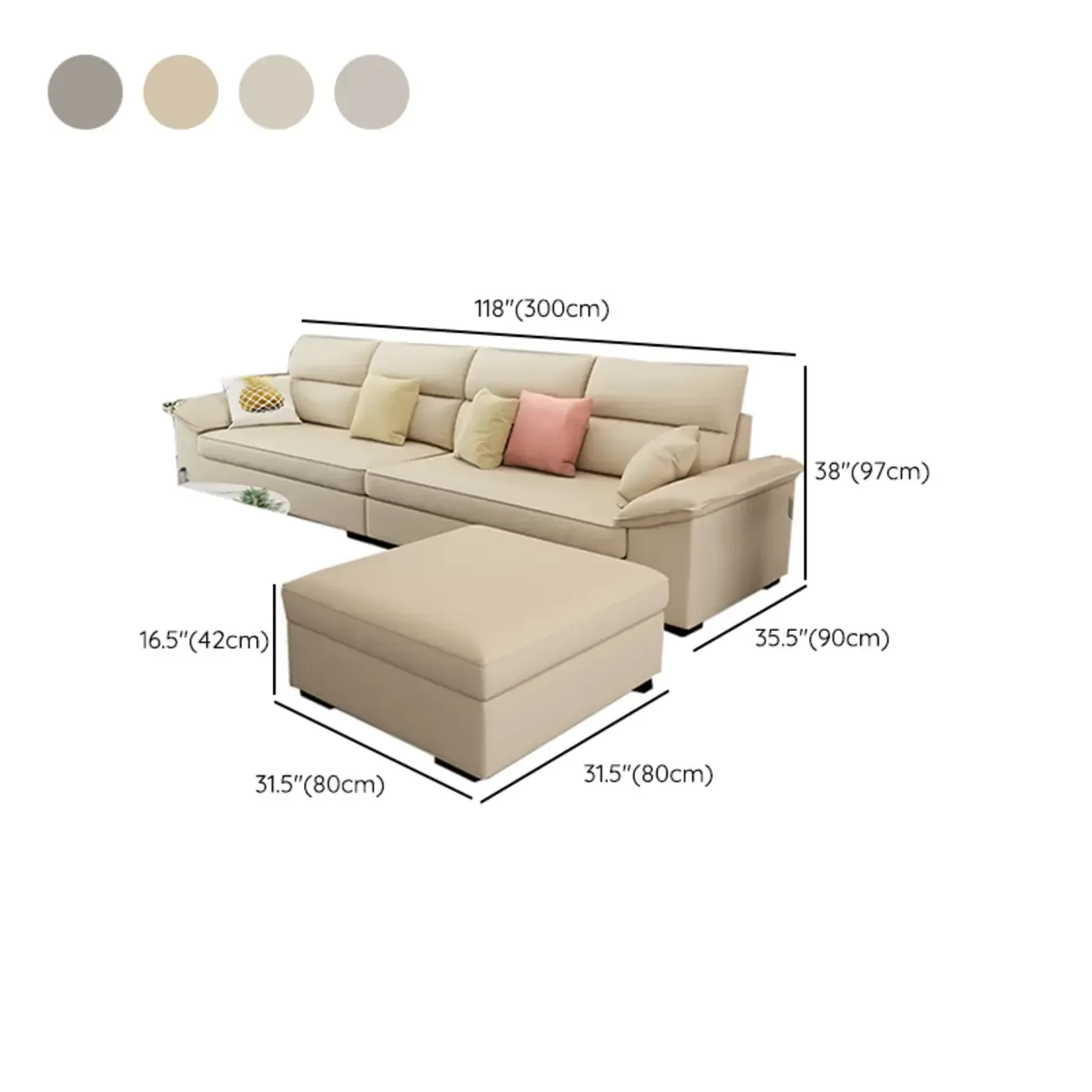 Off-White Upholstered Parlor Sofa Couch with an Ottoman and Concealed Support Image - 15