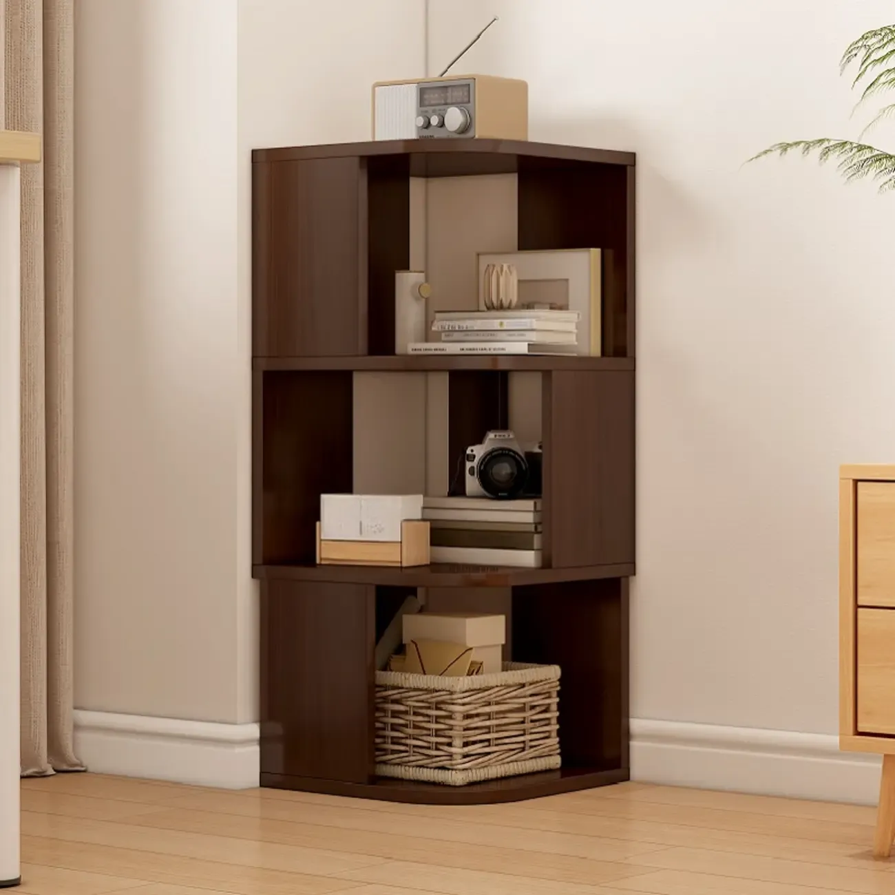 Wooden Fan-Shaped Shelves Standing Corner Shelf Image - 14