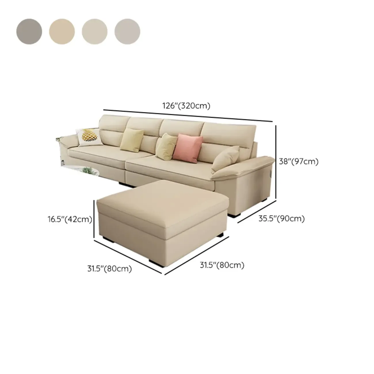Off-White Upholstered Parlor Sofa Couch with an Ottoman and Concealed Support Image - 16