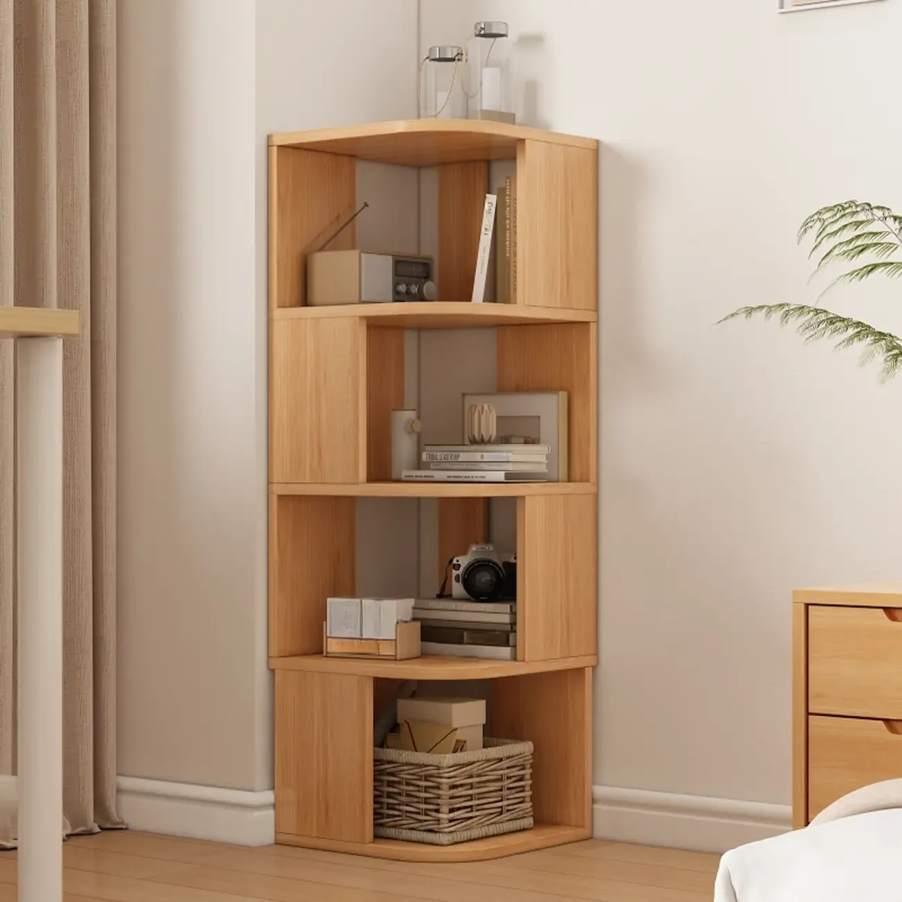 Wooden Fan-Shaped Shelves Standing Corner Shelf Image - 15