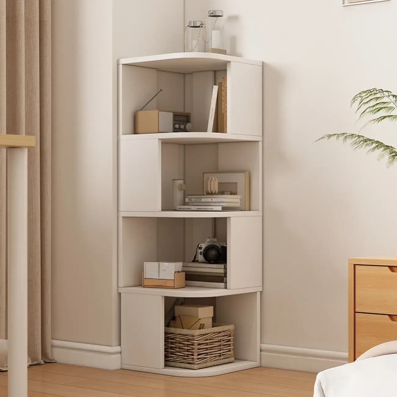 Wooden Fan-Shaped Shelves Standing Corner Shelf Image - 16