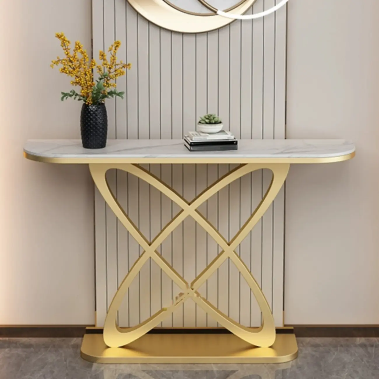 Glam Stone Top Console Table with Gold Abstract Base Image - 1 | homeyfad