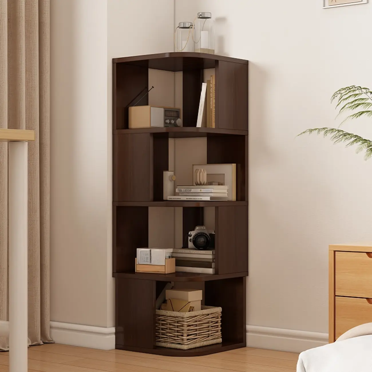 Wooden Fan-Shaped Shelves Standing Corner Shelf Image - 17 | homeyfad