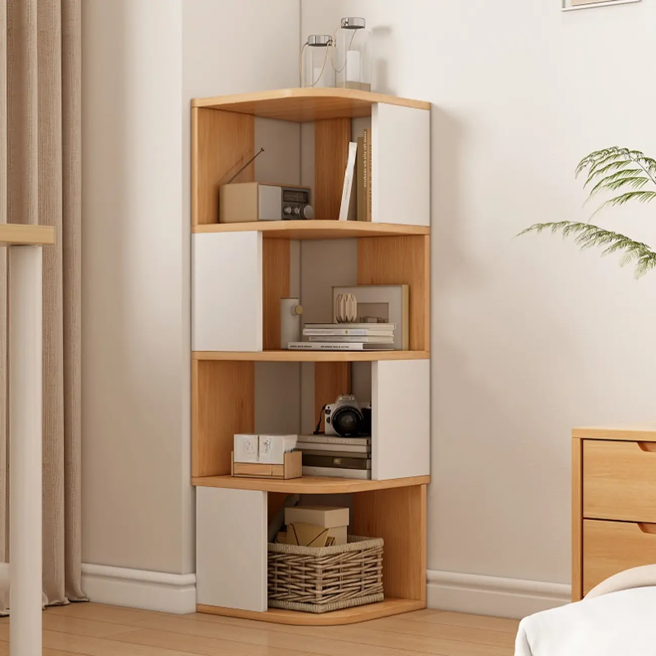 Wooden Fan-Shaped Shelves Standing Corner Shelf Image - 18 | homeyfad