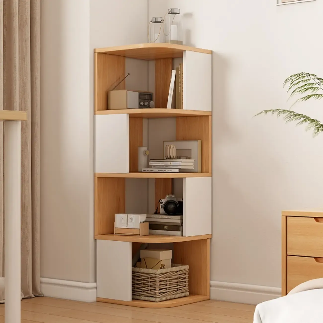 Wooden Fan-Shaped Shelves Standing Corner Shelf Image - 18