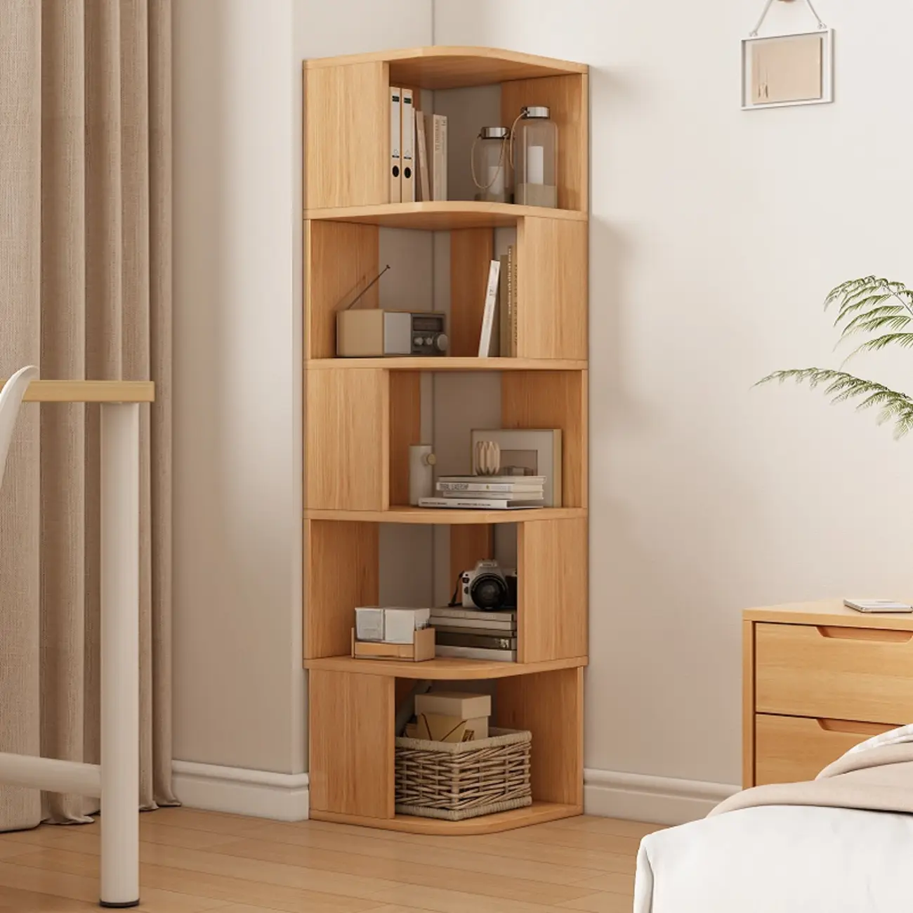 Wooden Fan-Shaped Shelves Standing Corner Shelf Image - 19 | homeyfad