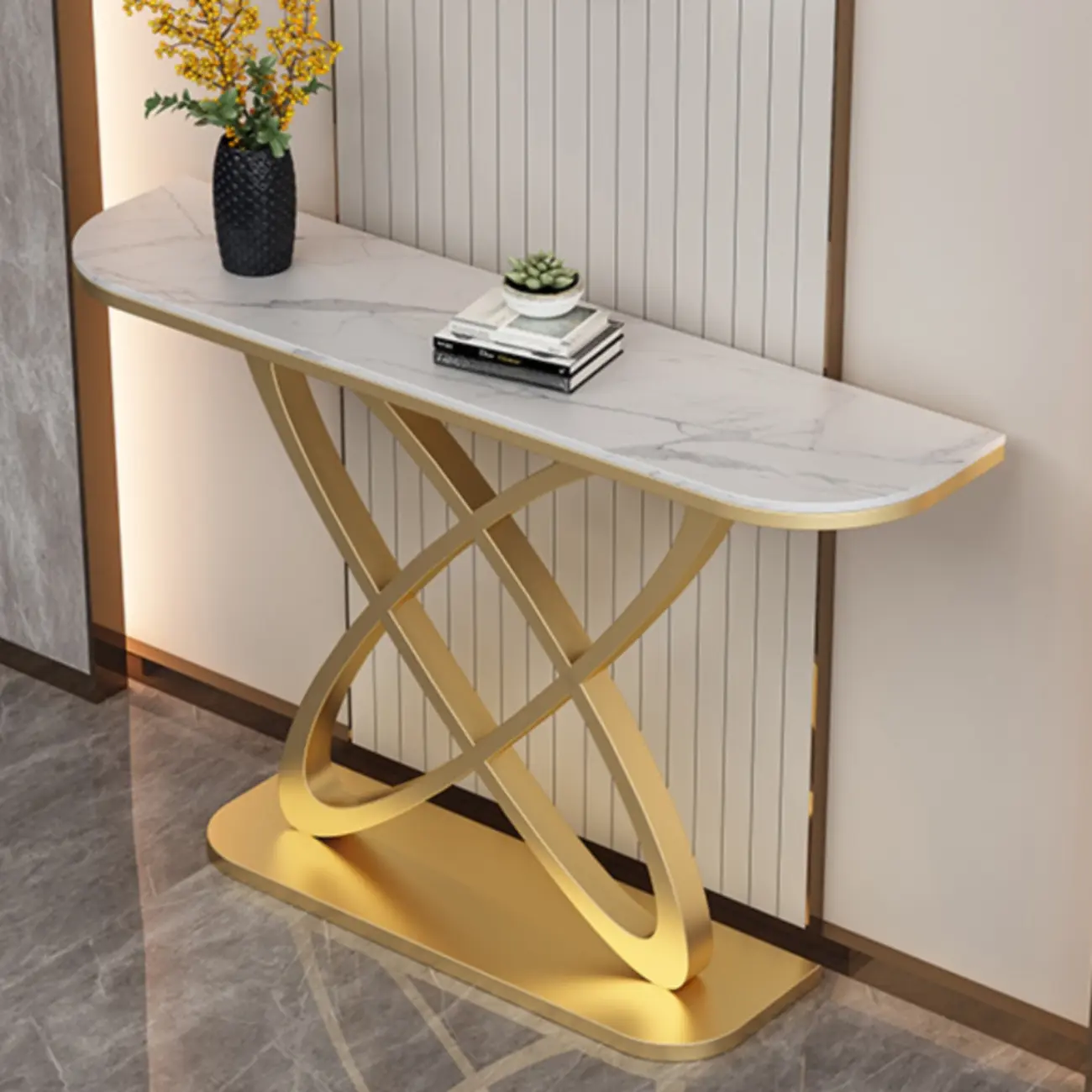 Glam Stone Top Console Table with Gold Abstract Base Image - 4 | homeyfad
