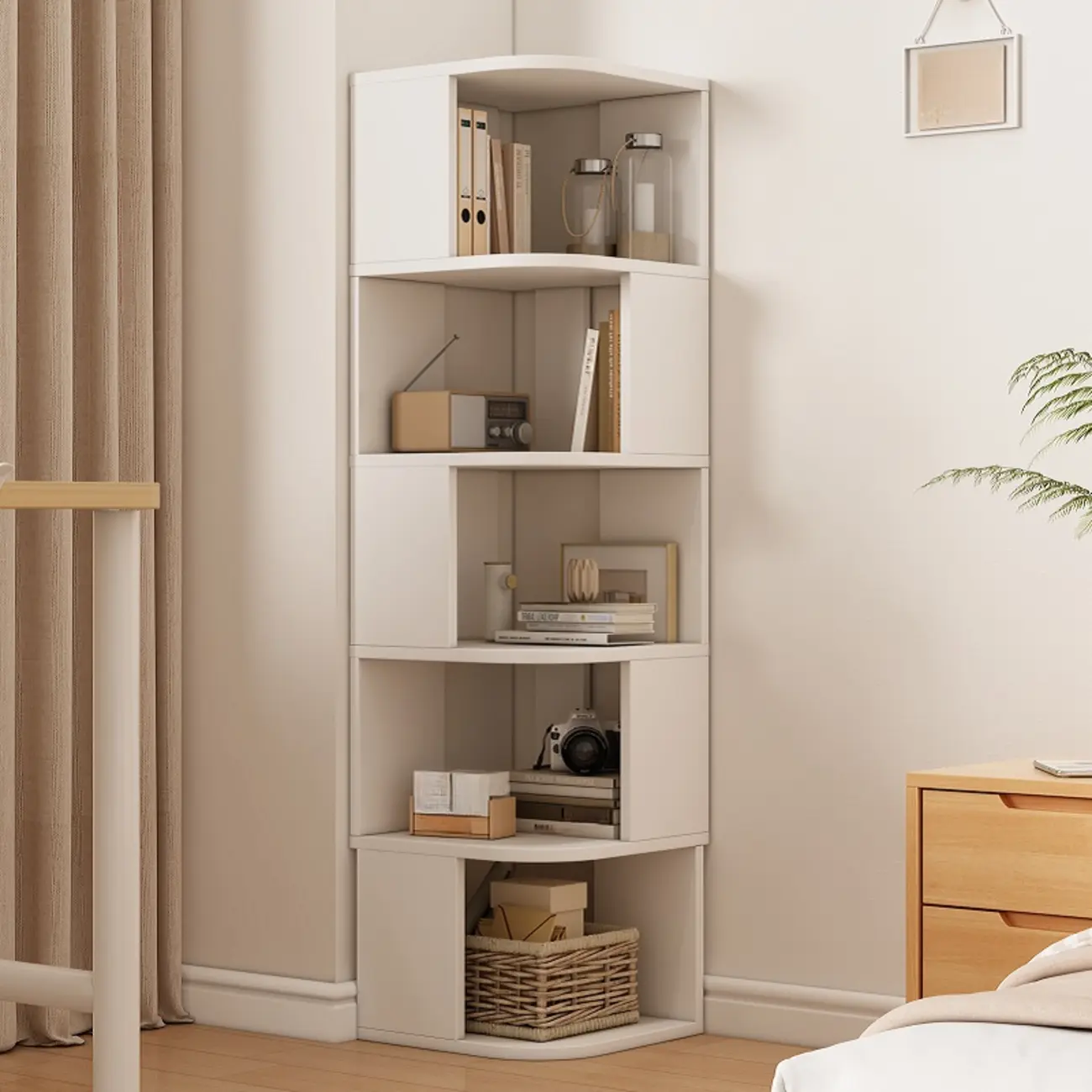 Wooden Fan-Shaped Shelves Standing Corner Shelf Image - 20 | homeyfad