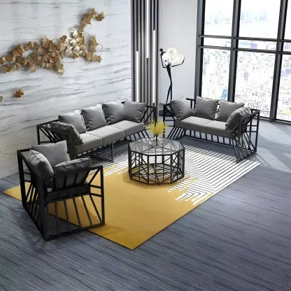 Modern Grey Linen Sofa with Pillows and Metal Frame Image - 1