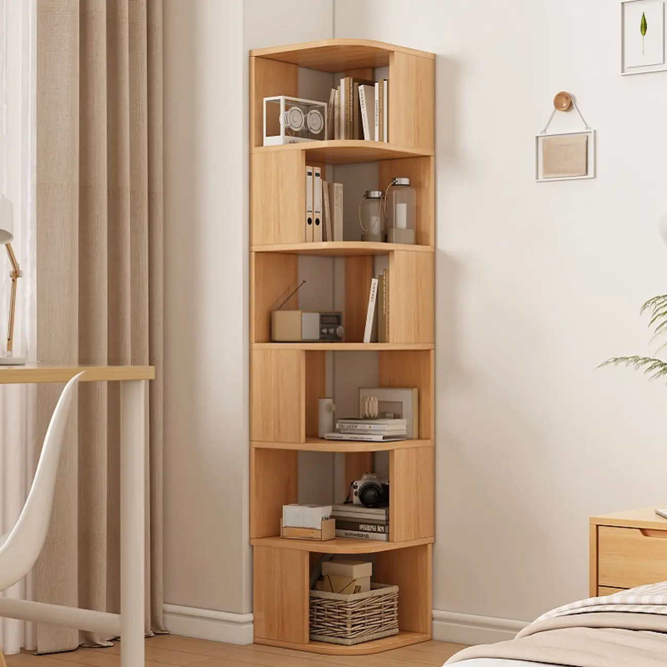 Wooden Fan-Shaped Shelves Standing Corner Shelf Image - 21 | homeyfad