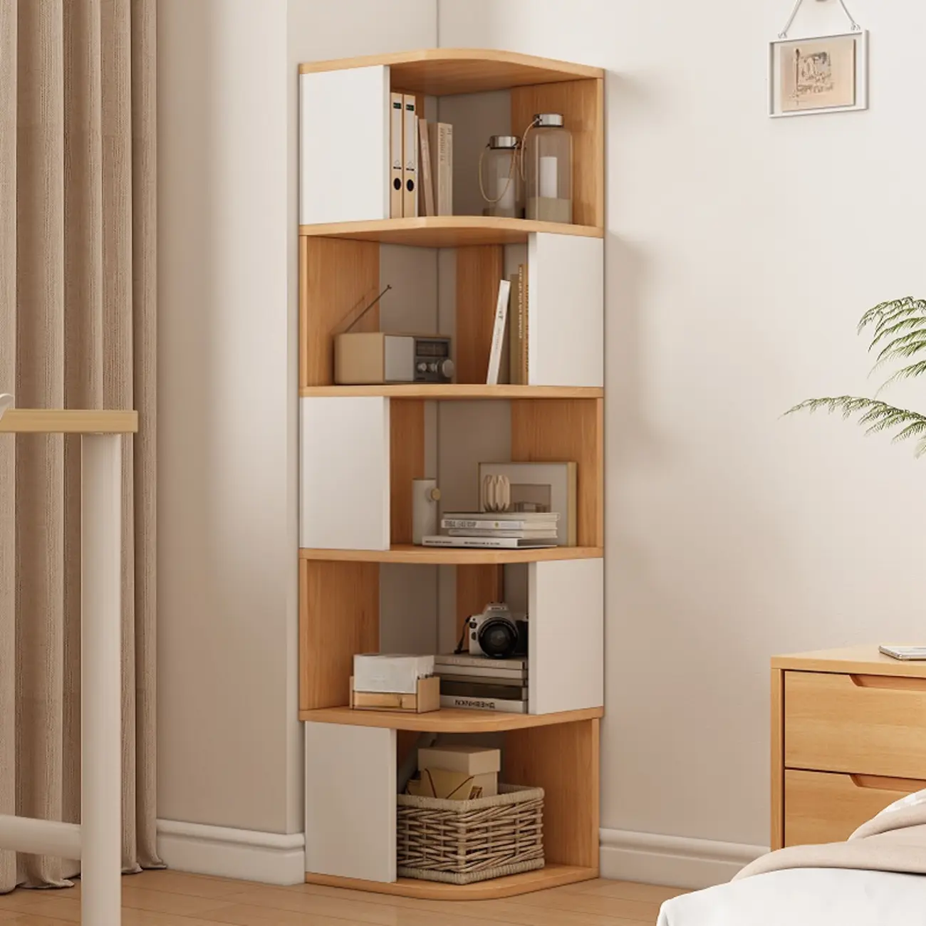 Wooden Fan-Shaped Shelves Standing Corner Shelf Image - 22 | homeyfad