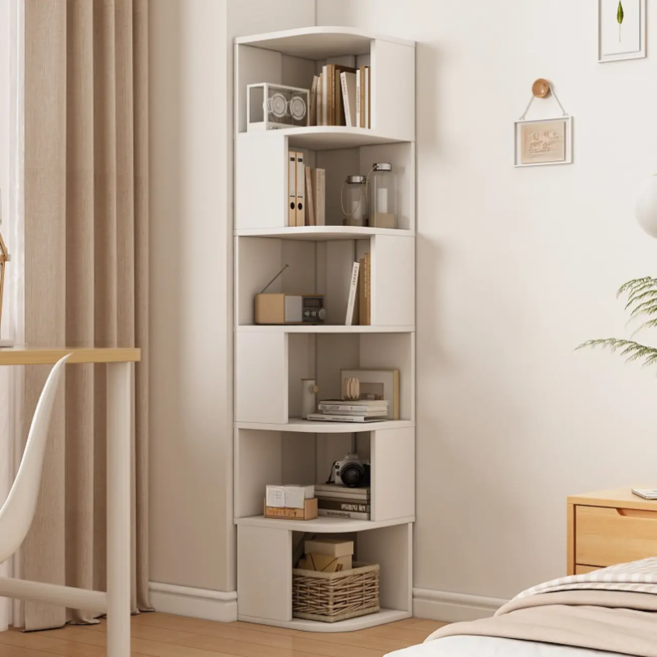 Wooden Fan-Shaped Shelves Standing Corner Shelf Image - 23 | homeyfad