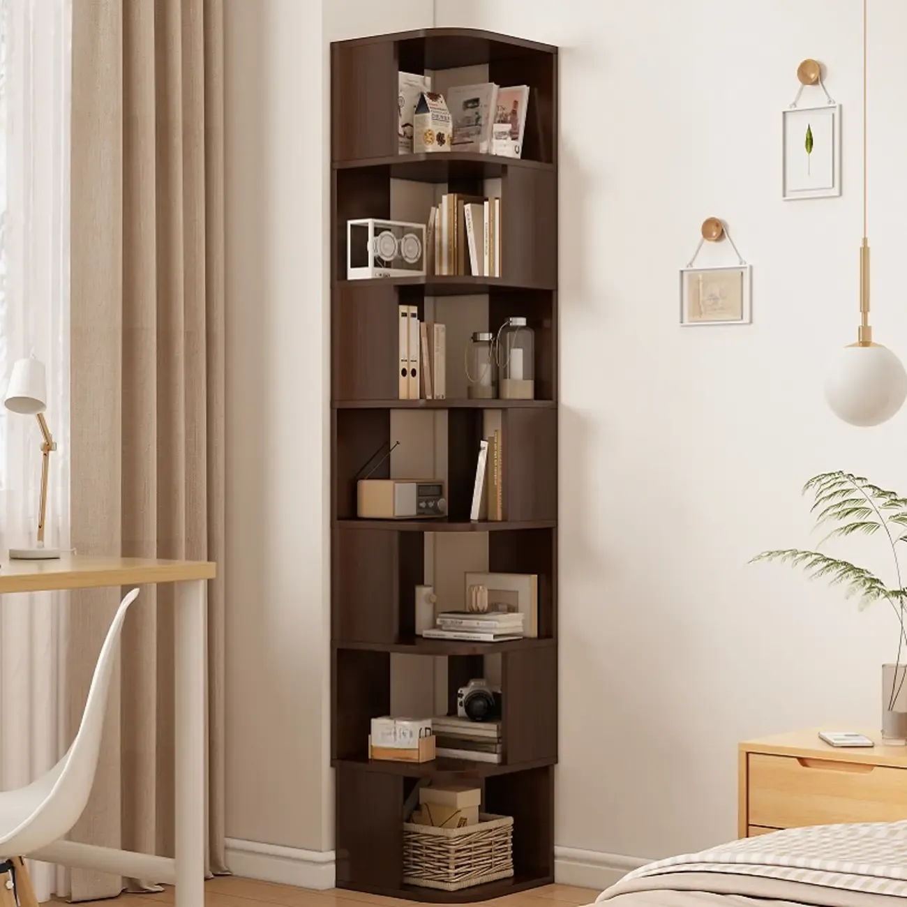 Wooden Fan-Shaped Shelves Standing Corner Shelf Image - 24