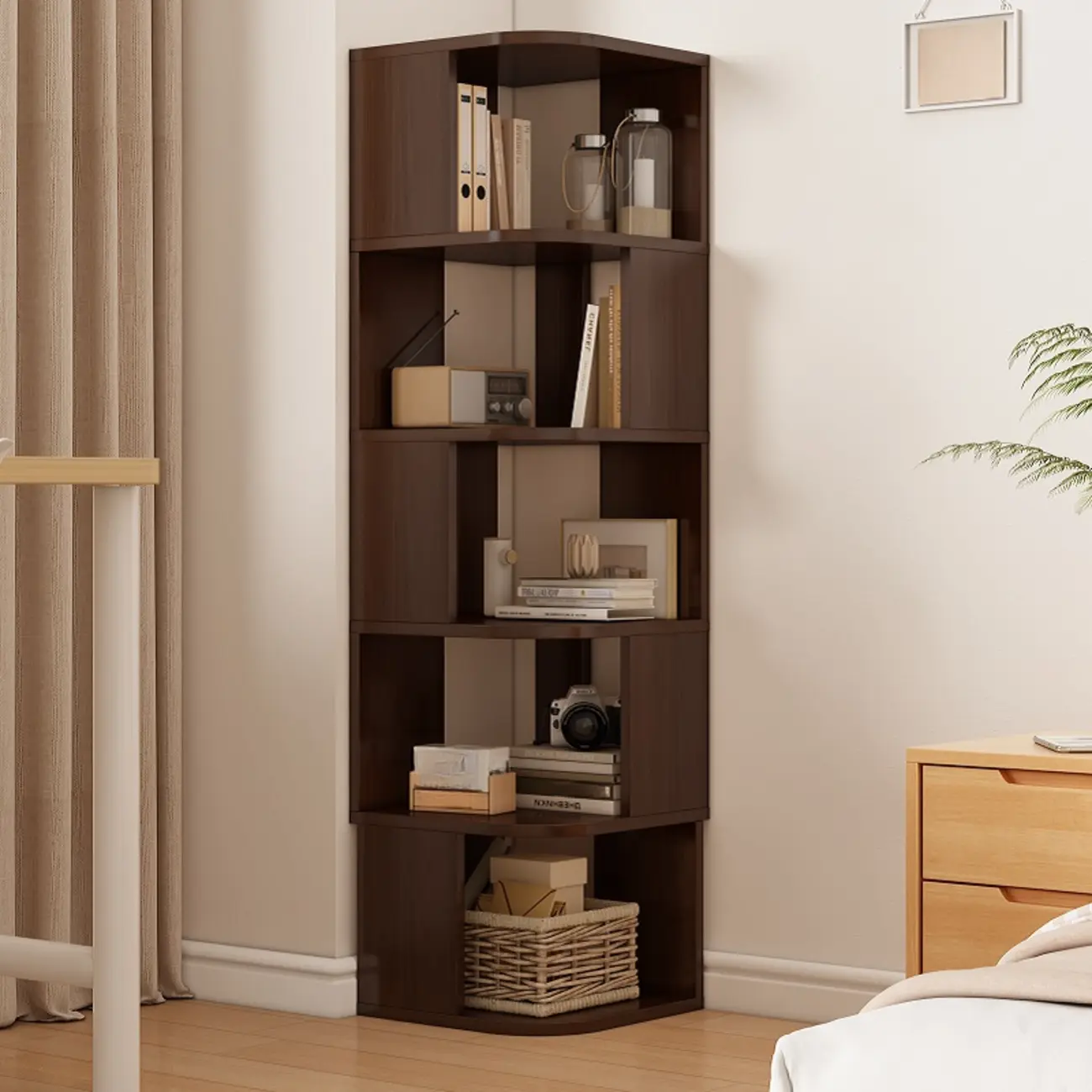 Wooden Fan-Shaped Shelves Standing Corner Shelf Image - 25 | homeyfad