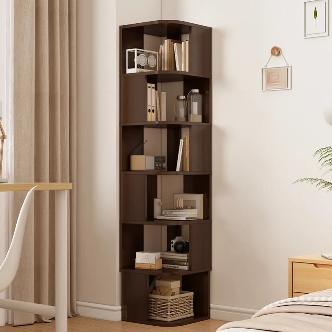 Wooden Fan-Shaped Shelves Standing Corner Shelf Image - 26 | homeyfad