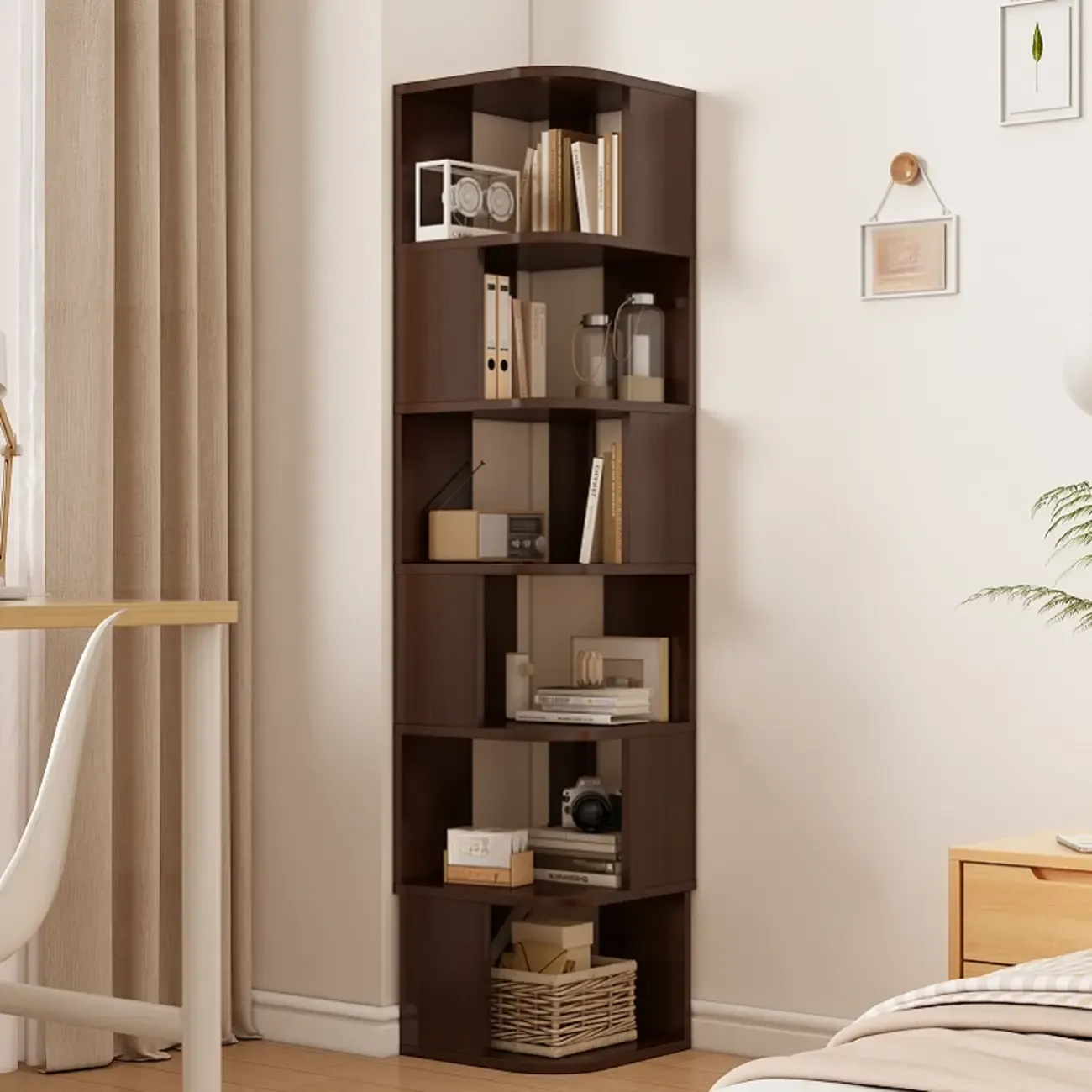 Wooden Fan-Shaped Shelves Standing Corner Shelf Image - 26