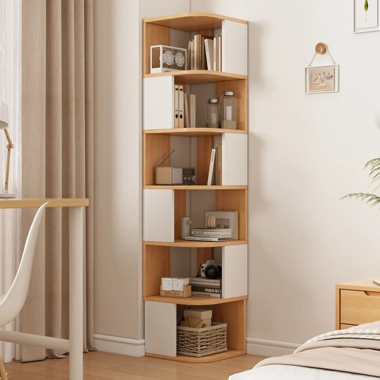 Wooden Fan-Shaped Shelves Standing Corner Shelf Image - 27 | homeyfad