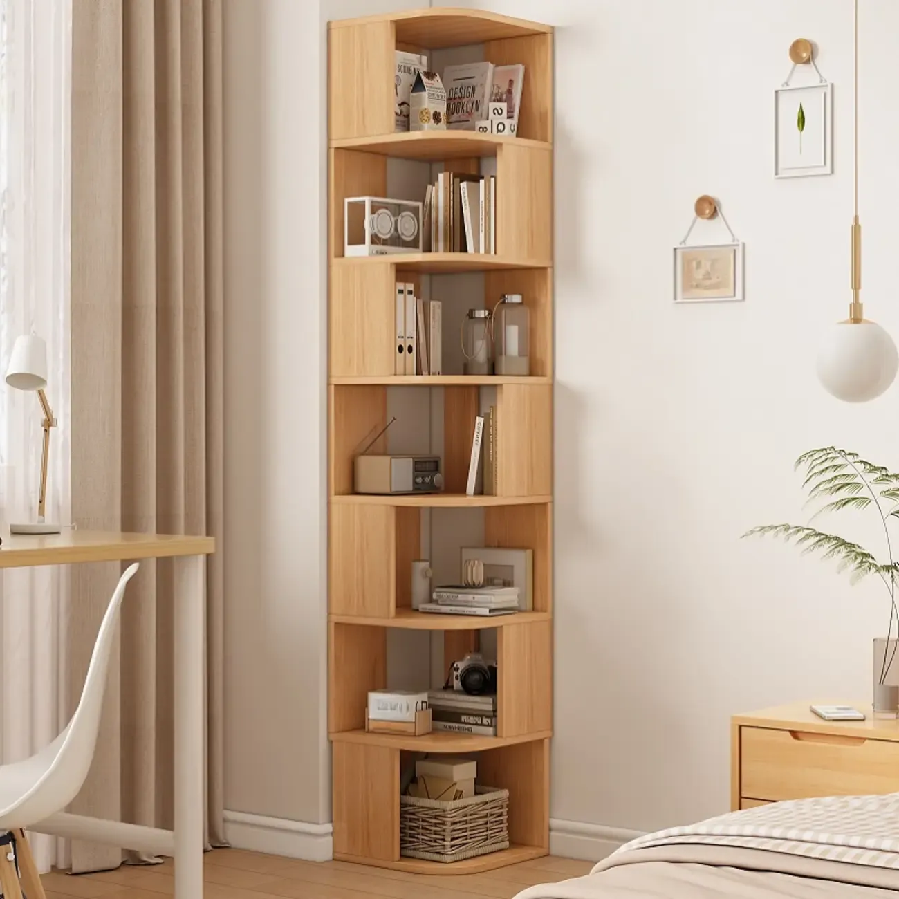 Wooden Fan-Shaped Shelves Standing Corner Shelf Image - 28
