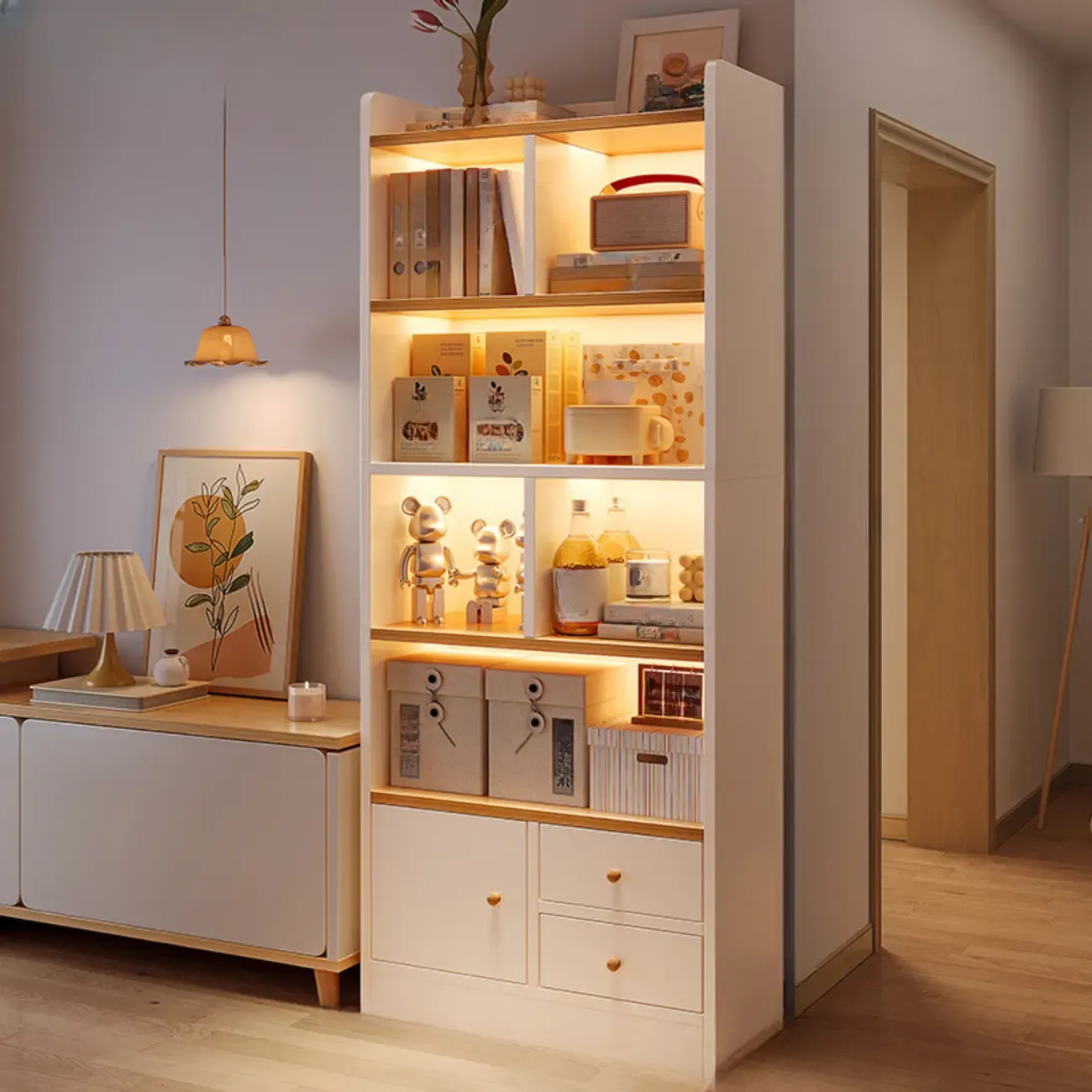 Modern Rectangular Bookshelf with Drawers Image - 3