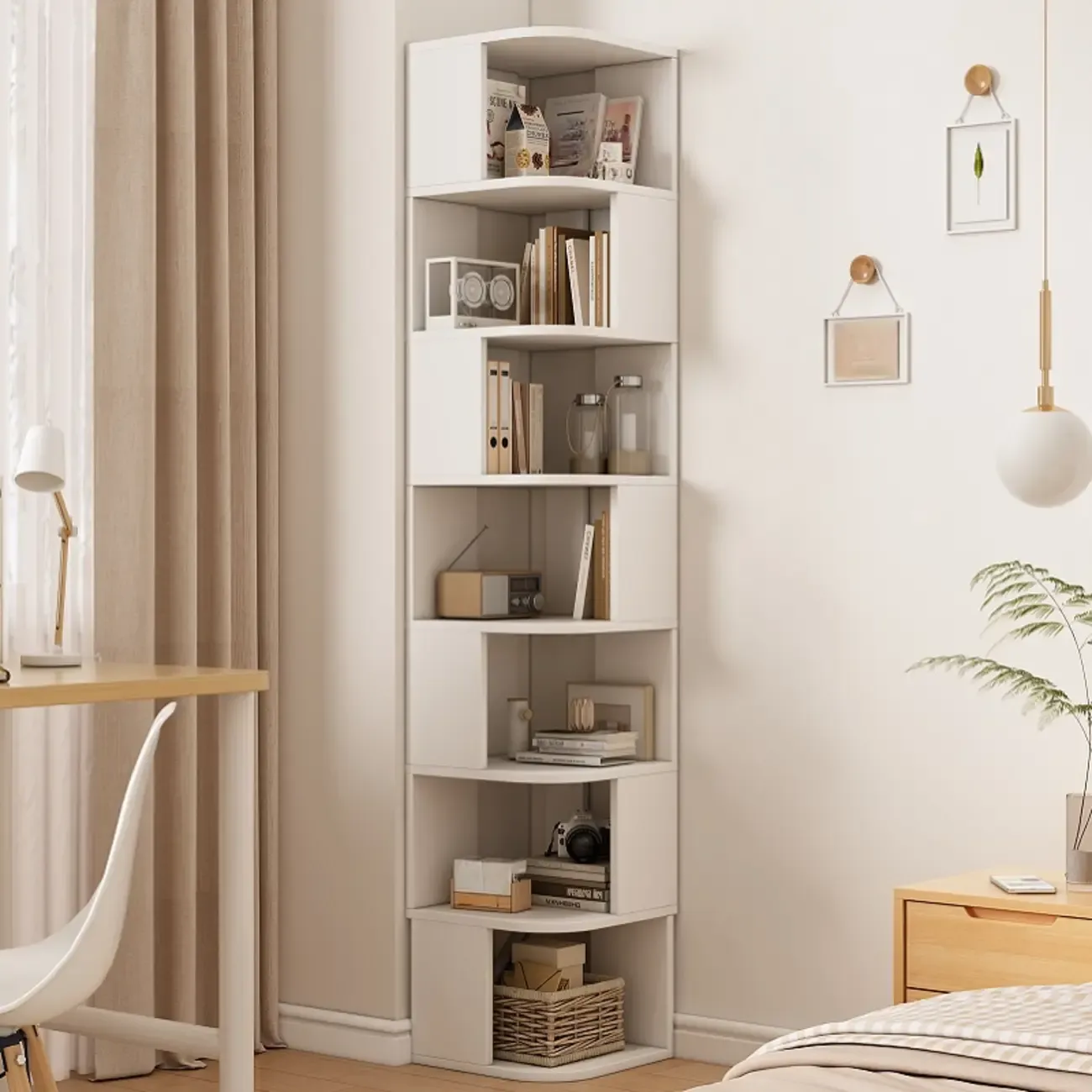 Wooden Fan-Shaped Shelves Standing Corner Shelf Image - 29