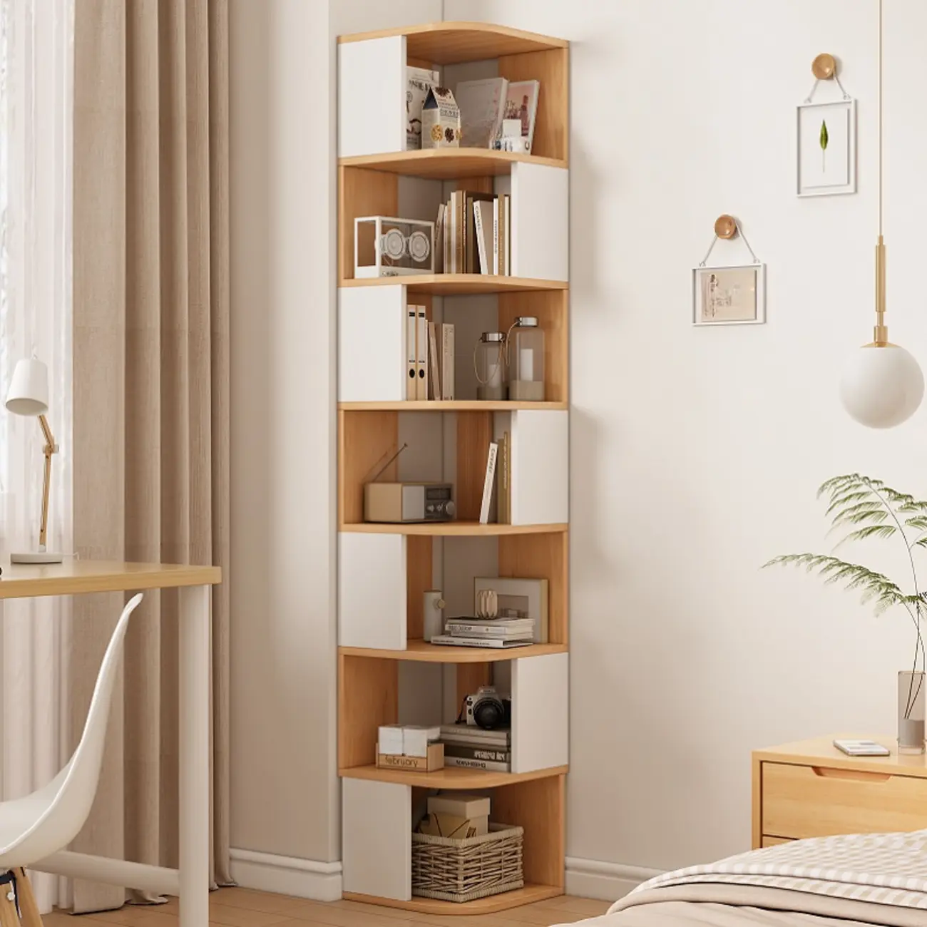 Wooden Fan-Shaped Shelves Standing Corner Shelf Image - 30 | homeyfad
