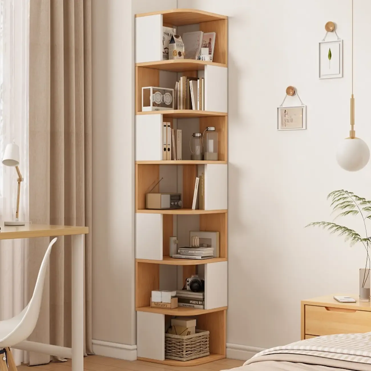 Wooden Fan-Shaped Shelves Standing Corner Shelf Image - 30
