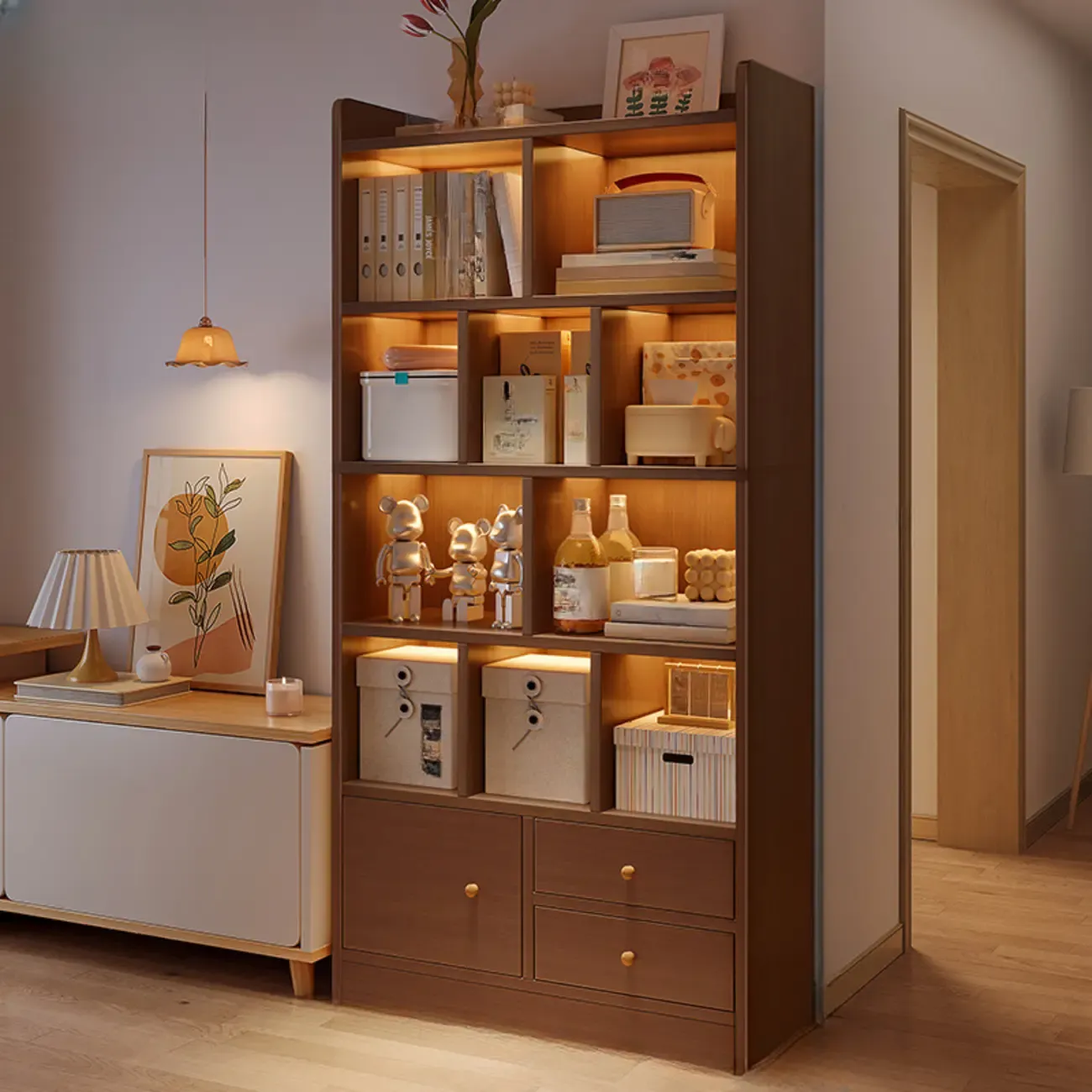 Modern Rectangular Bookshelf with Drawers Image - 14