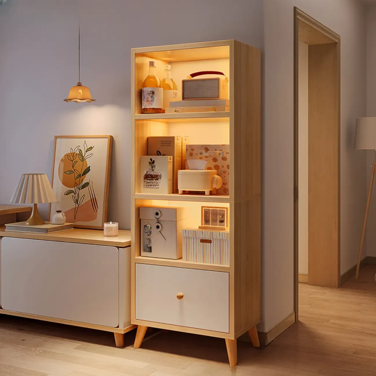 Modern Rectangular Bookshelf with Drawers Image - 15