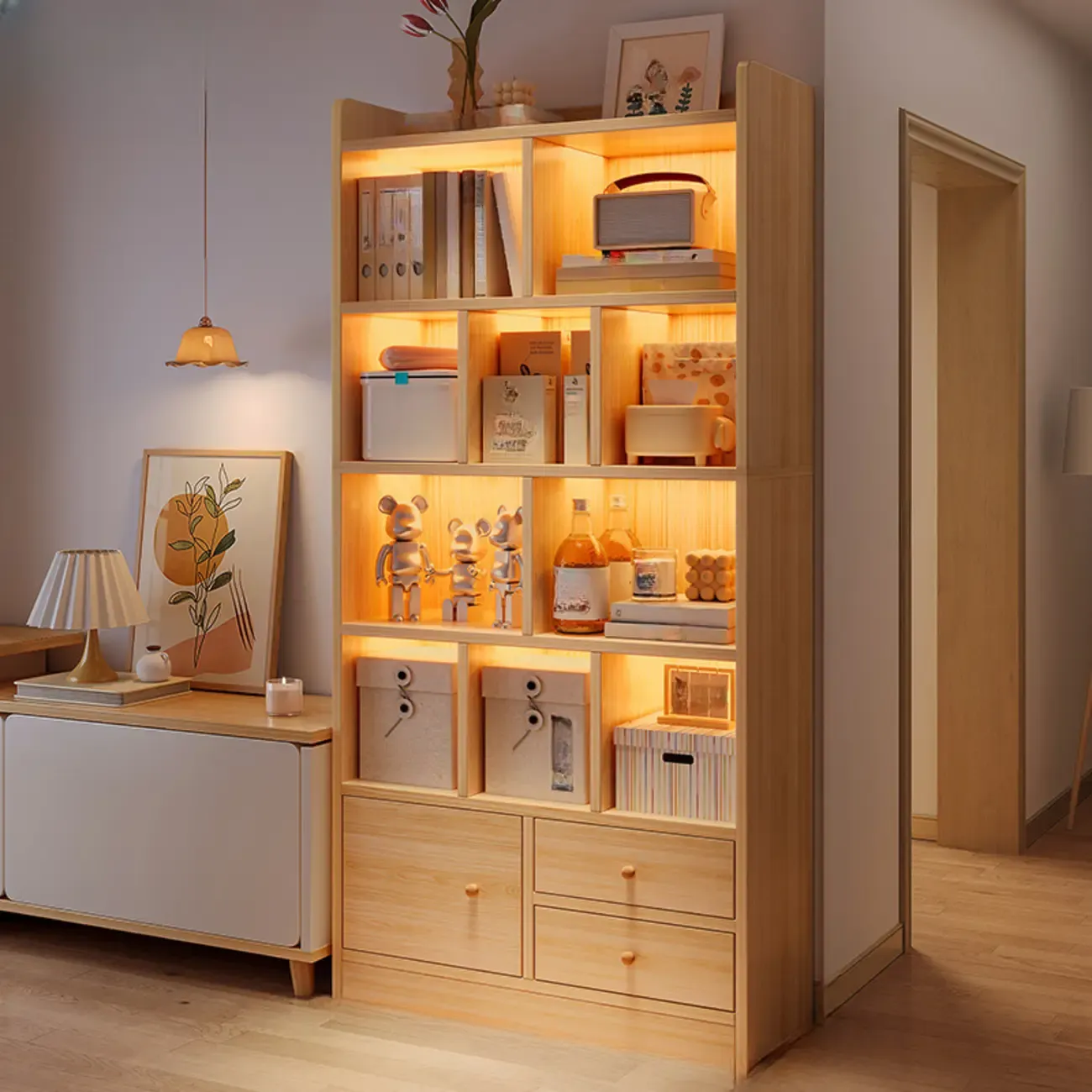 Modern Rectangular Bookshelf with Drawers Image - 16