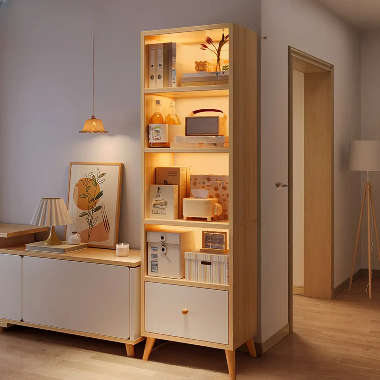 Modern Rectangular Bookshelf with Drawers Image - 19