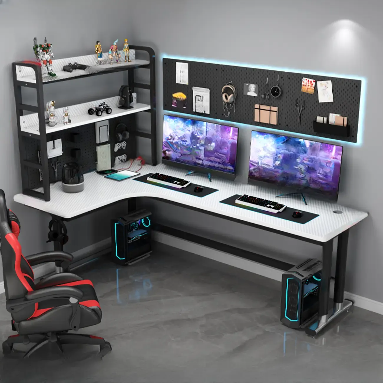 Modern White Wooden L-Shape Computer Desk with Metal Base & Hutch and Shelf  Image - 1